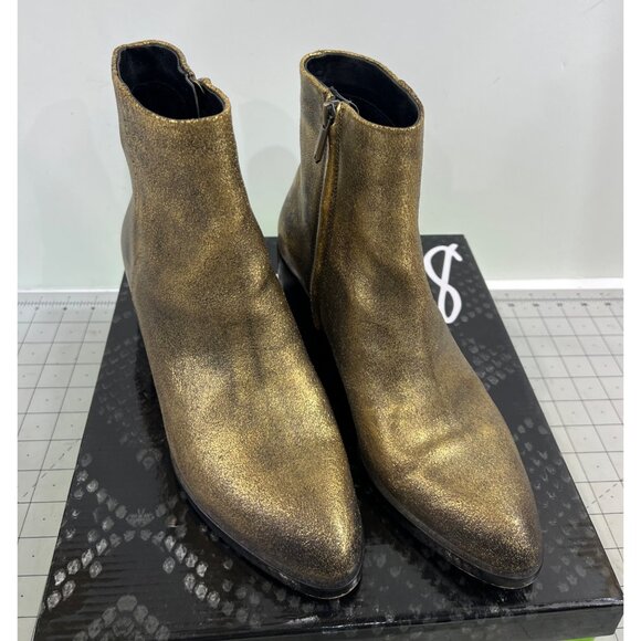 Sam Edelman Joey Gold Leather Side Zip Heeled Ankle Boots 2.5" Women's Sz. 7.5 - Picture 2 of 10